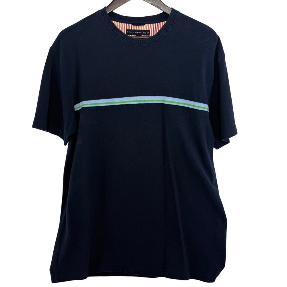 Vintage Tommy Hilfiger Chest Stripe T Shirt Mens Large Navy Blue